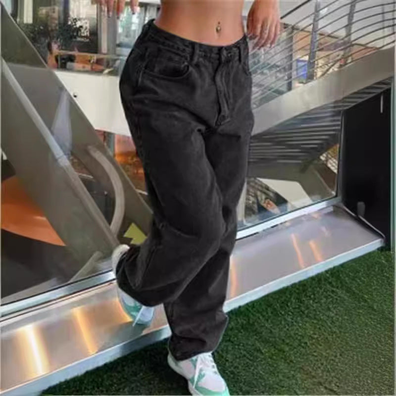 Pantalon en jean pour femme, style rétro décontracté, coupe ample, taille mi-haute, jambes droites-1