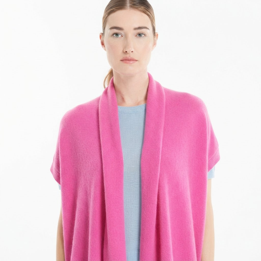 Gilet kimono manches courtes en cachemire rose barbie - RIA 4