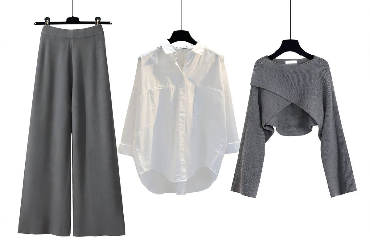 Ensemble 3 Pièces Chic - Pantalon Large + Chemise + Pull Croisé - BOURIQUE33