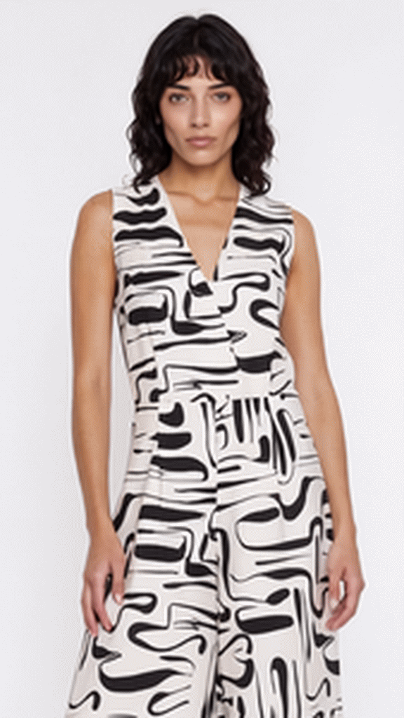 Jumpsuit mit Grafik-Print in Schwarz & Ecru, ärmellos mit V-Ausschnitt.