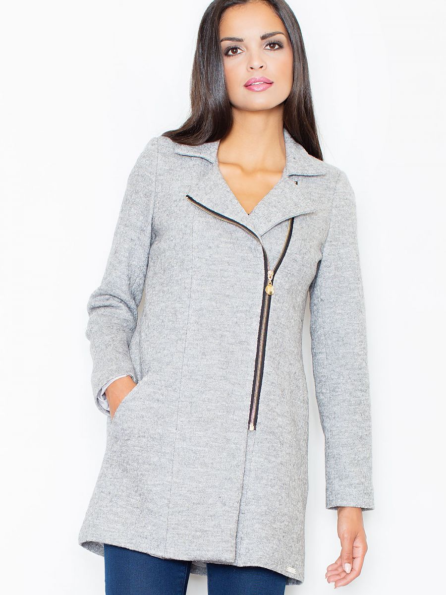 Manteau court gris pour femme Figl (modèle 46847) en mélange de laine avec fermeture éclair dorée-0