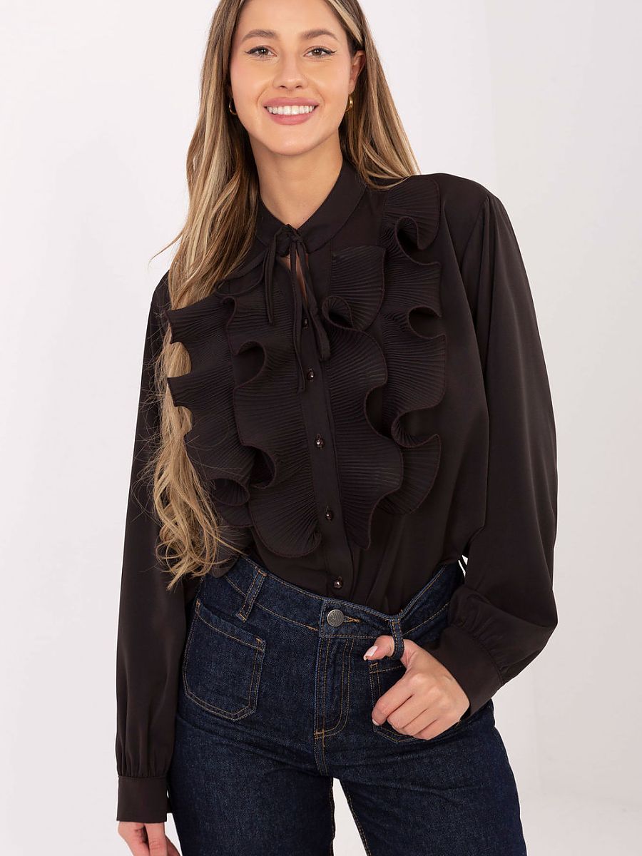 Chemisier à manches longues pour femme, modèle 222121, élégant, avec jabot plissé, marron-0