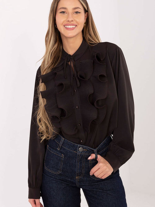 Chemisier à manches longues pour femme, modèle 222121, élégant, avec jabot plissé, marron-0