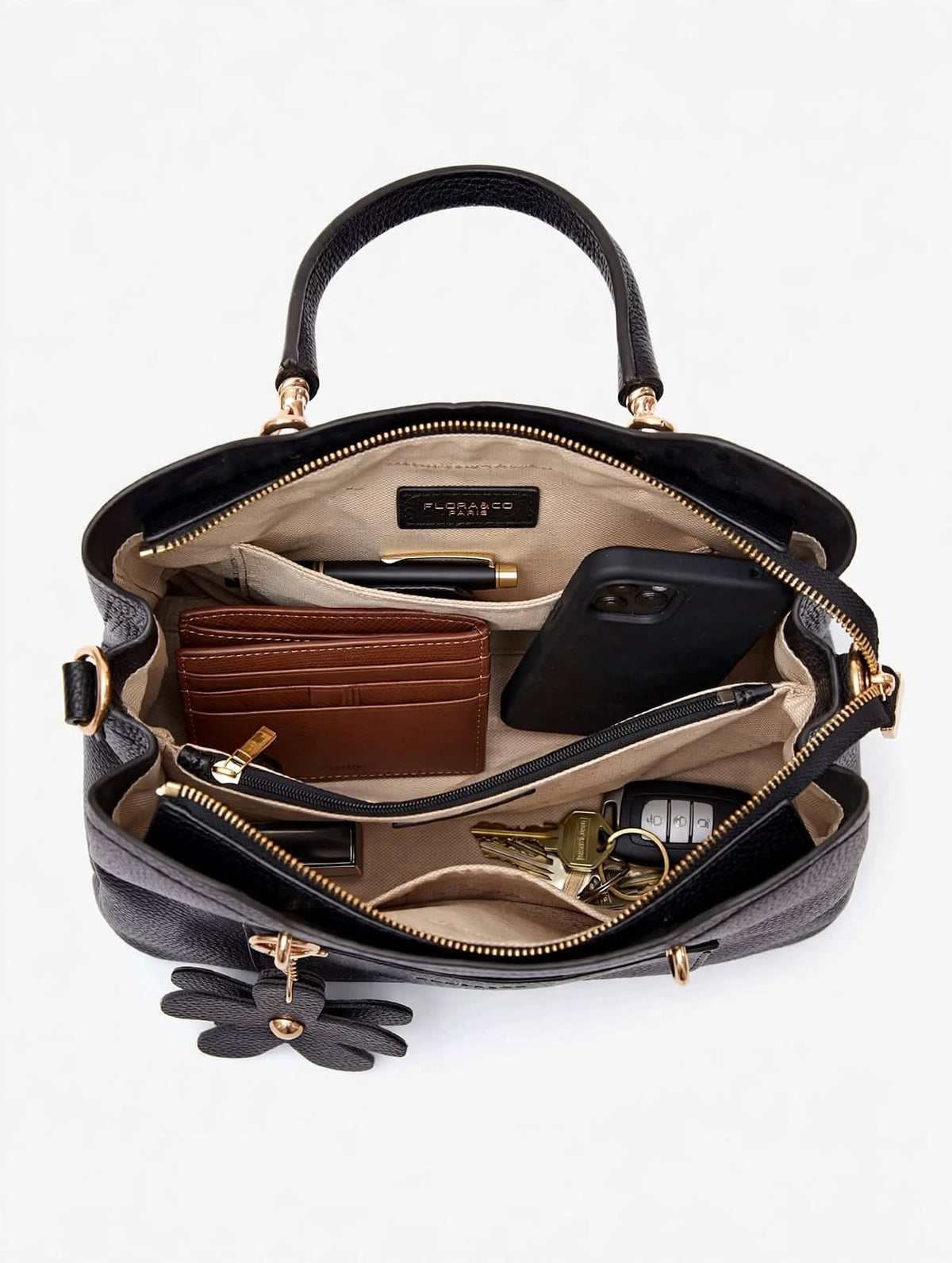 FLEUR - Handtasche 230375 Schwarz genarbt - Abnehmbarer Blumenanhänger - Schulterriemen