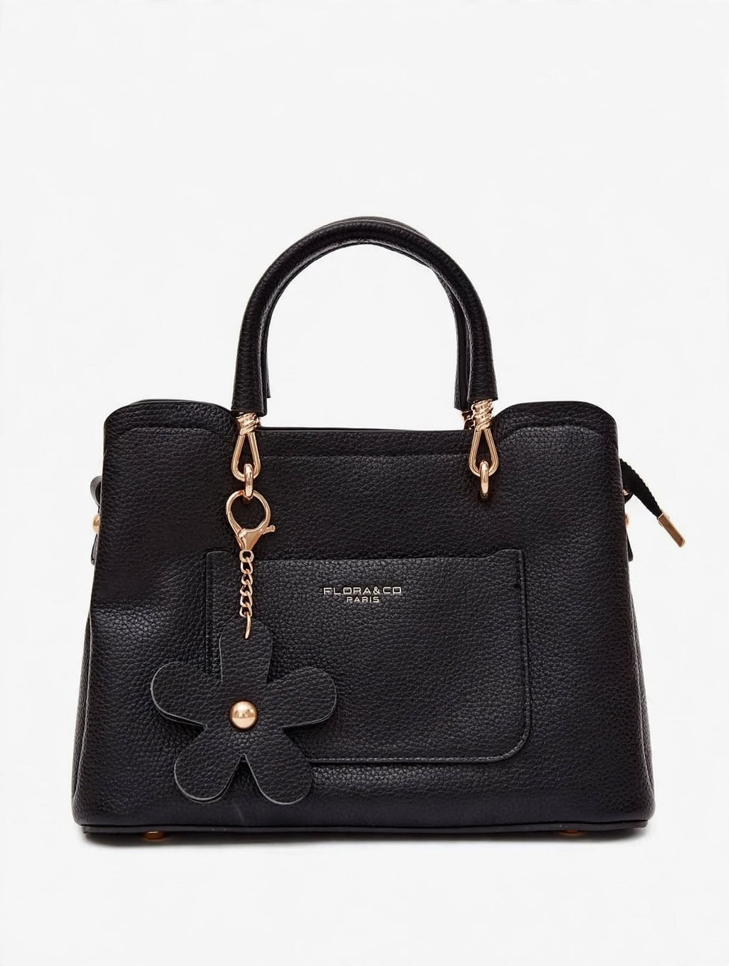 FLEUR - Sac à Main 230375 Noir Grainé - Charms Fleur Amovible - Bandoulière
