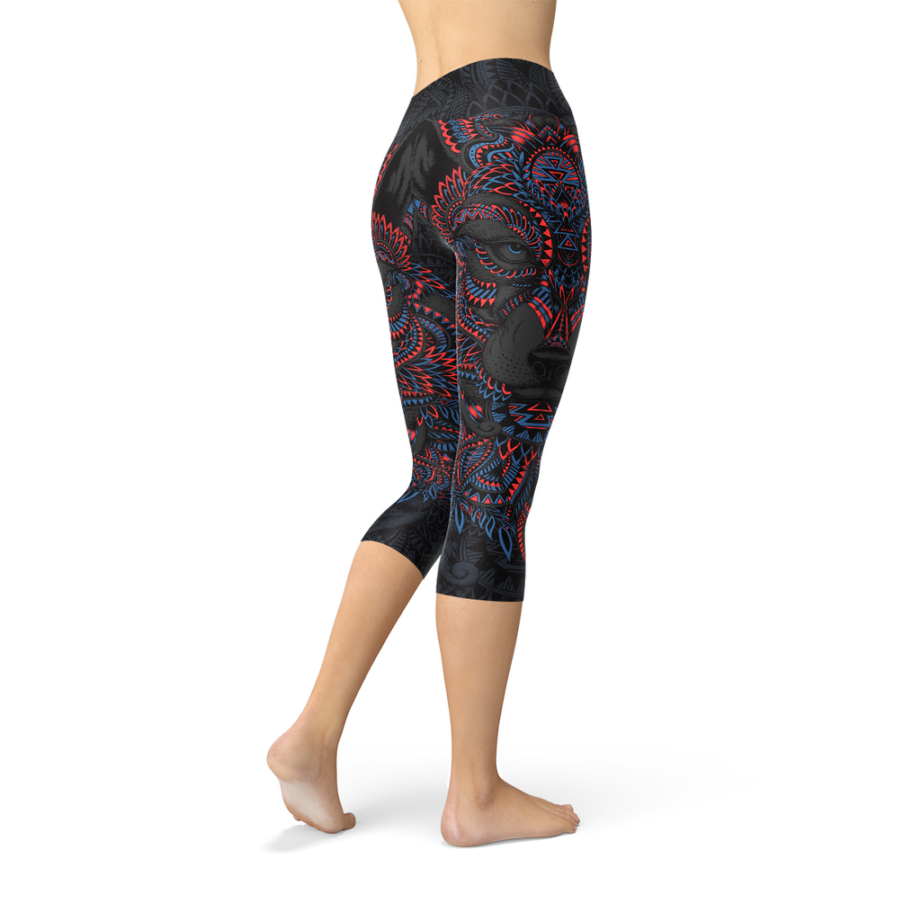 Leggings Capri pour femmes, motif loup noir oriental