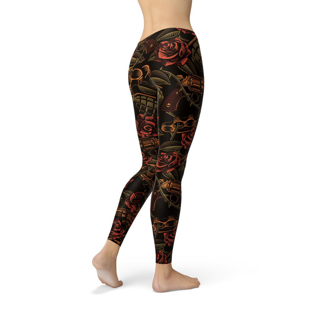Retro Rose Sculpting Leggings - Rock Print - S to XXL