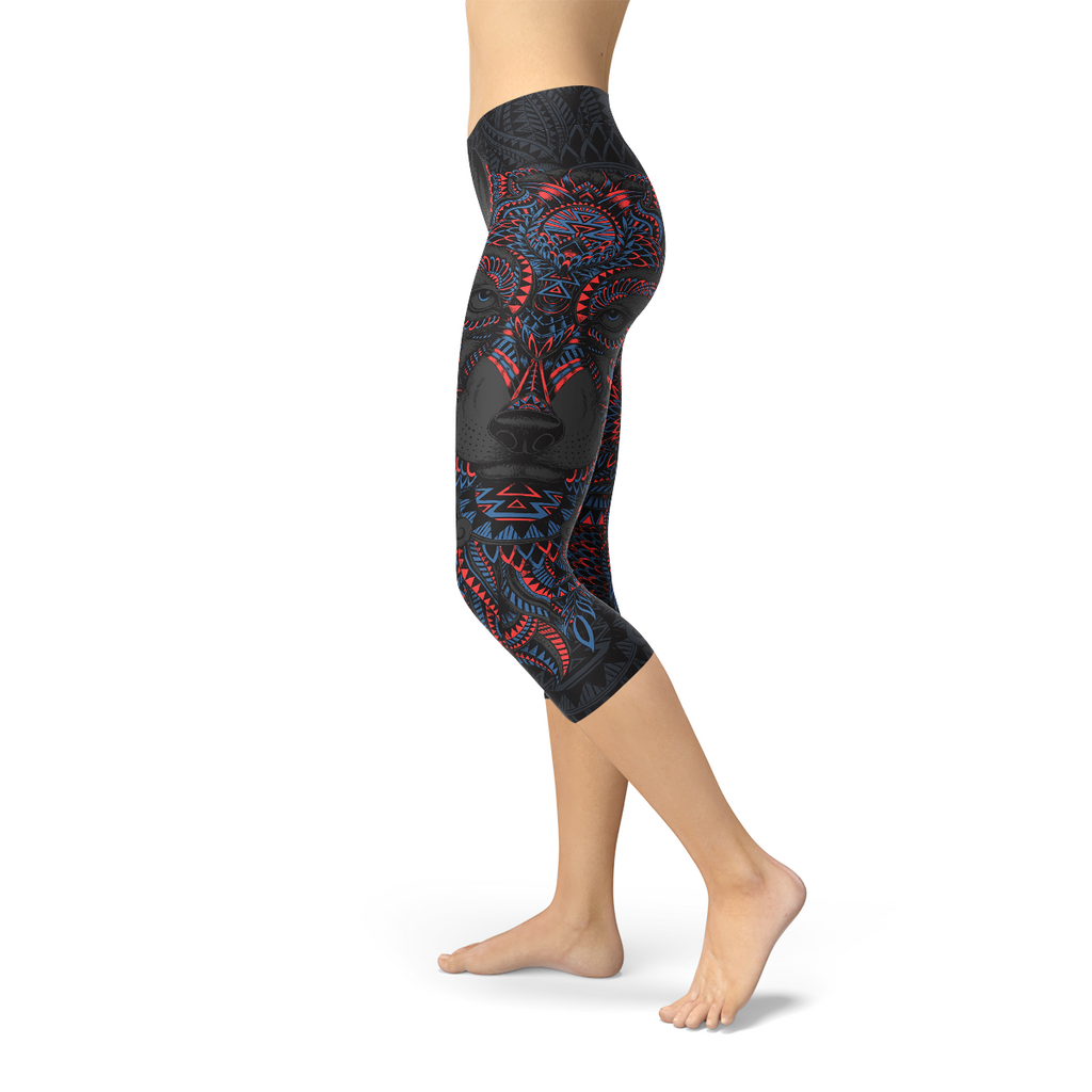 Leggings Capri pour femmes, motif loup noir oriental