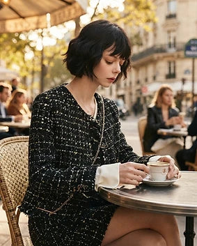 Veste en tweed sophistiquée à bords effilochés et boutons dorés