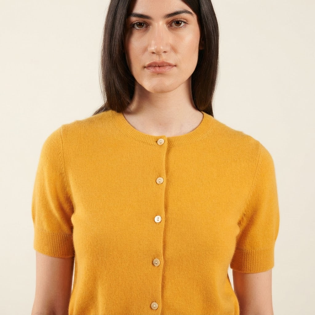 Cardigan col rond manches courtes femme en cachemire et laine ultrafin jaune - FRIDA 5