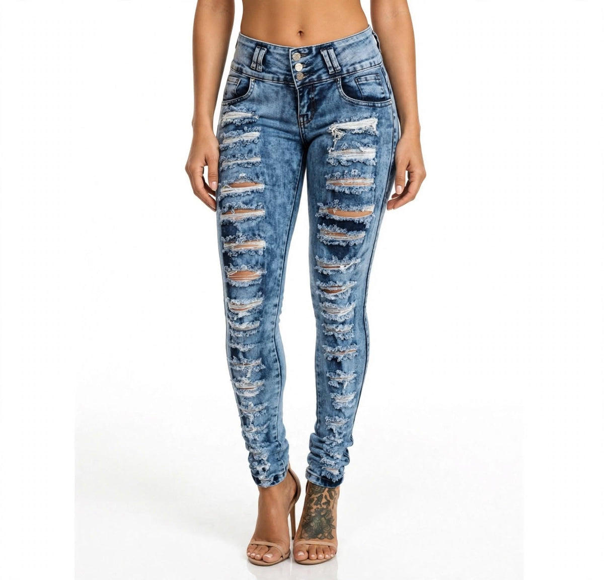 Distressed Faded Skinny Jeans - High-Waist Push-Up - S to XXL