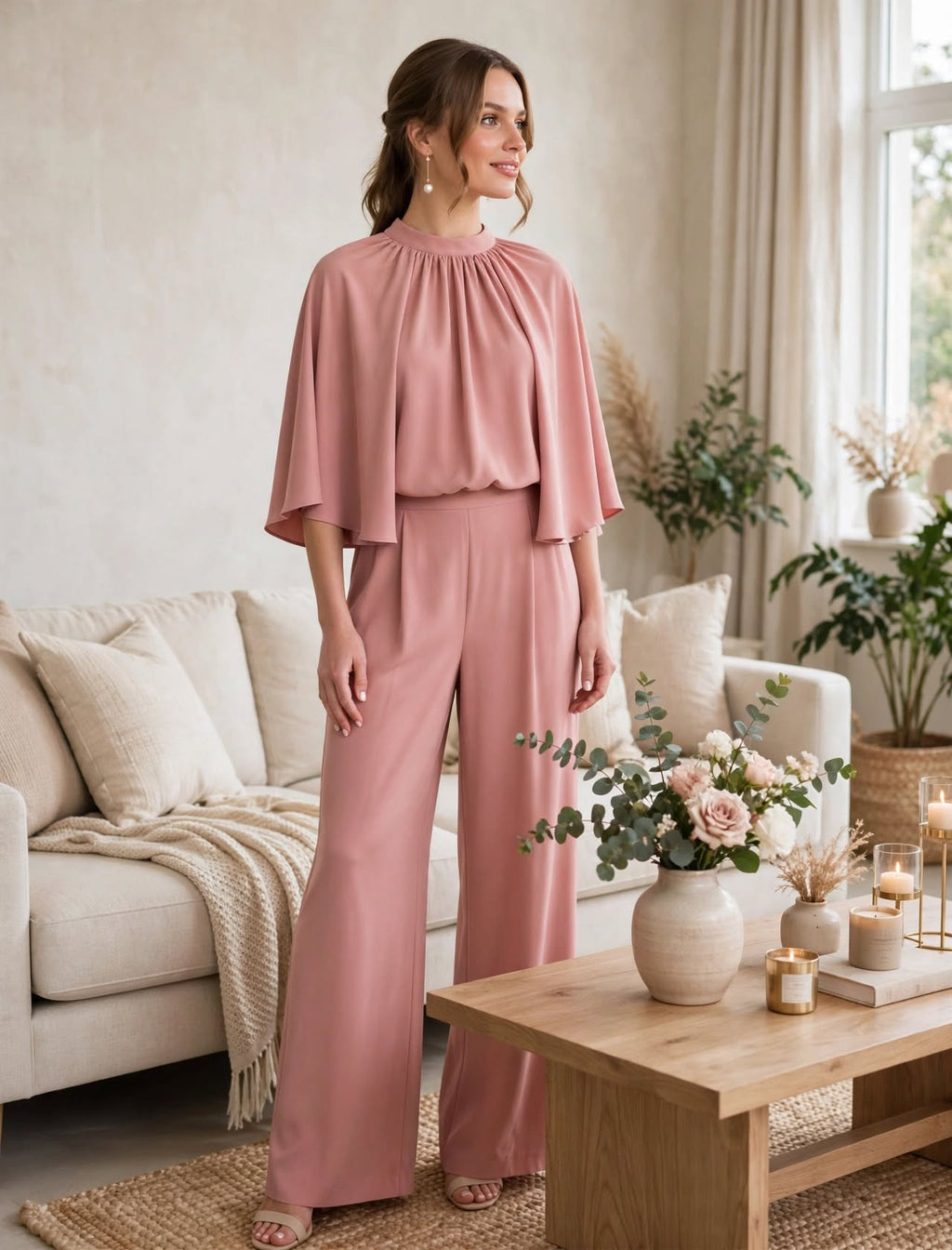 dusty pink jumpsuit with cape effect