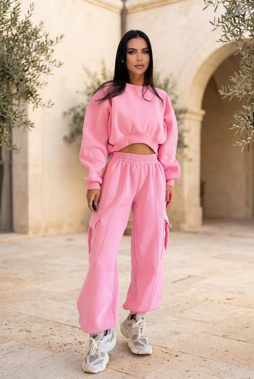 Ensemble rose dans une cour extérieure crème