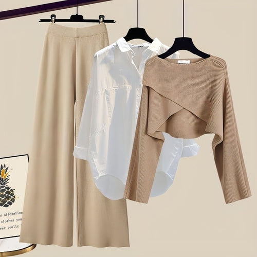Ensemble 3 Pièces Chic - Pantalon Large + Chemise + Pull Croisé - BOURIQUE33