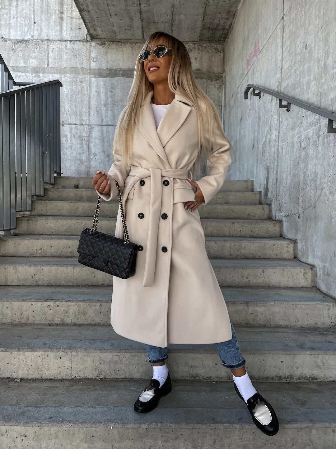 Manteau d'hiver décontracté à manches longues et ceinture croisée pour femme-4