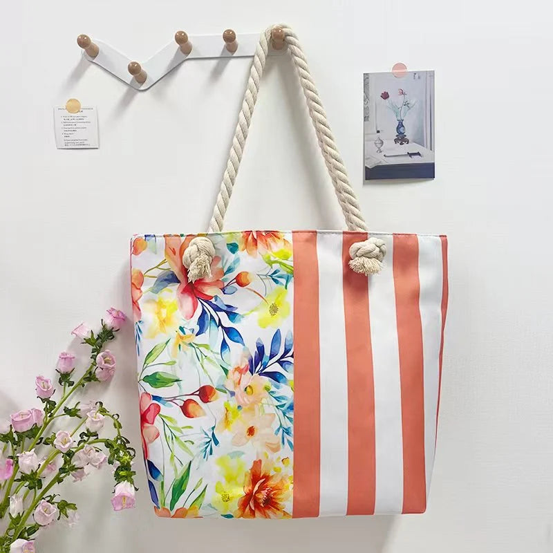Strandtasche FLOWER - Strandtasche Blumen & Streifen Koralle - XXL Kordelhenkel