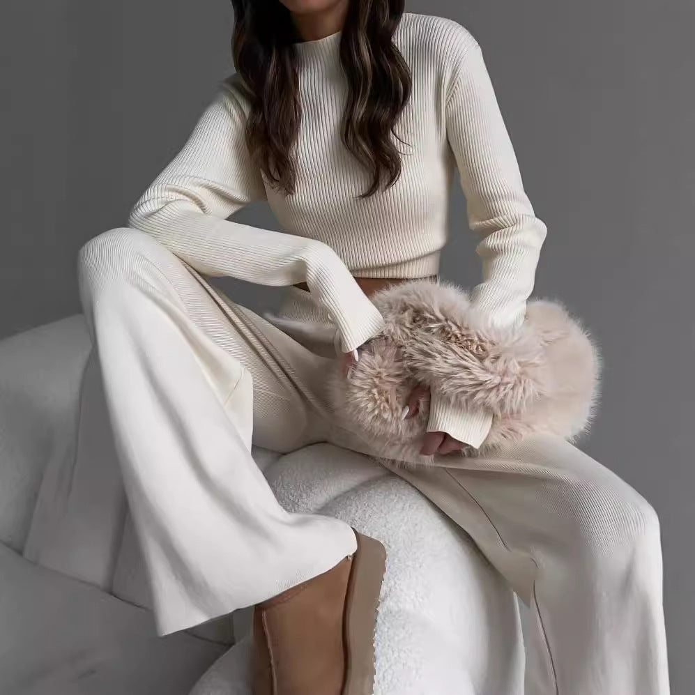 Ensemble de détente pour femme : haut à manches longues et pantalon, en mélange de coton-1