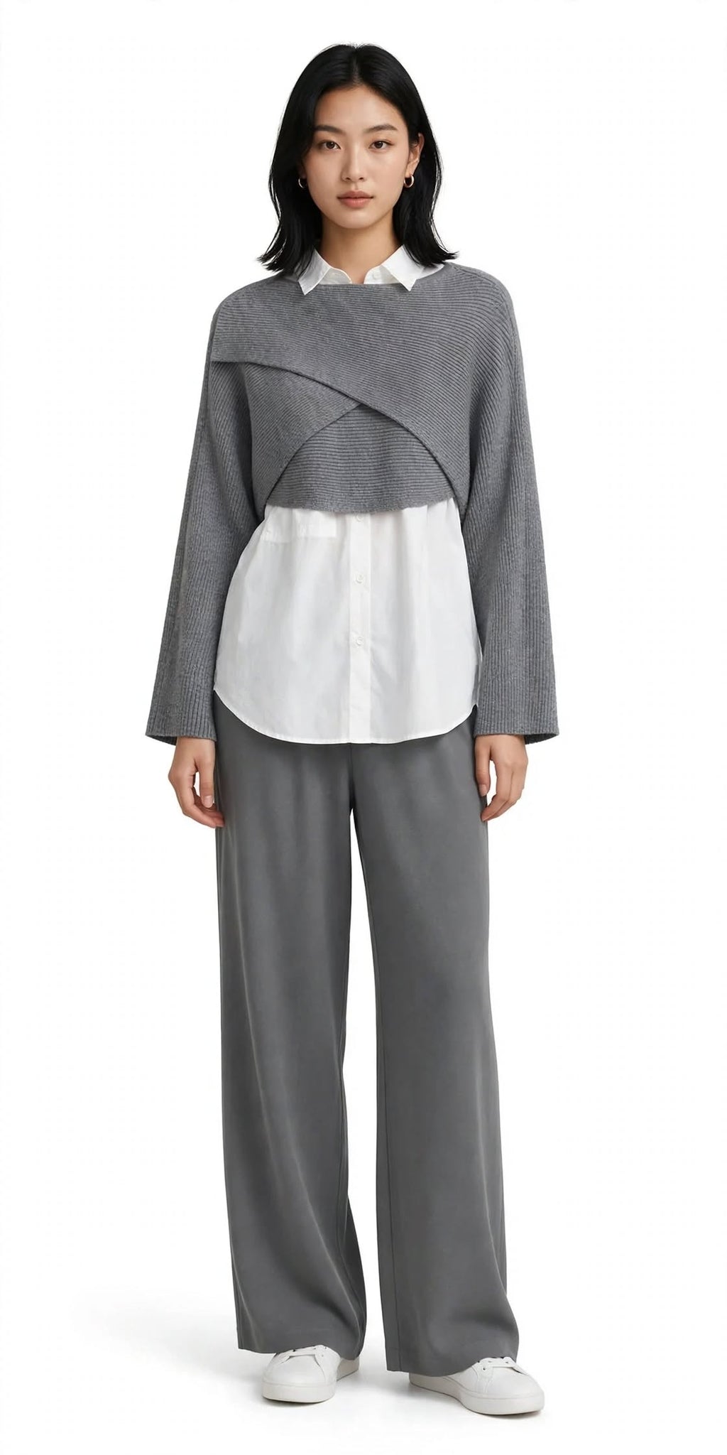 Chic 3-Piece Set - Wide-Leg Trousers + Shirt + Crisscross Sweater - BOURIQUE33