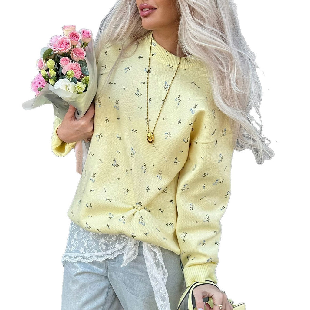 Pull à col rond à imprimé floral chic pour femme, en polyester léger-1
