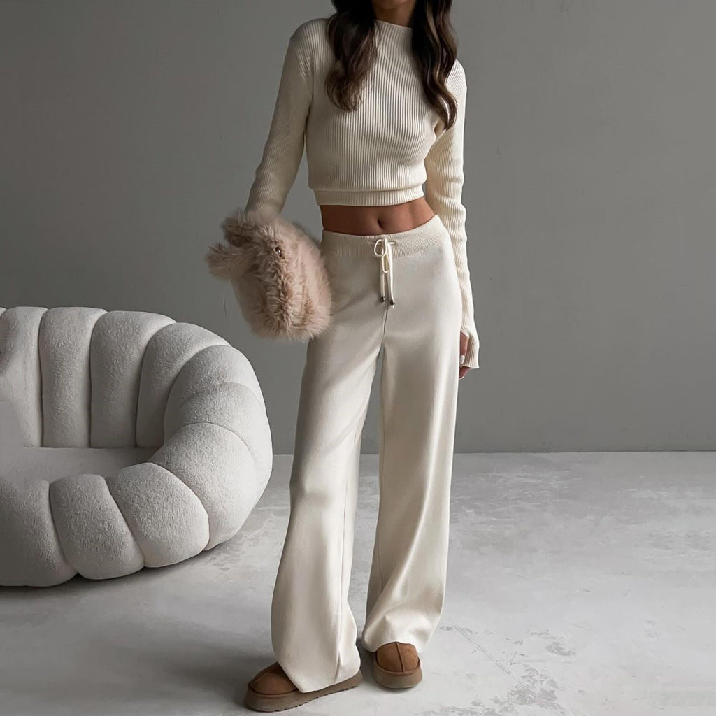 Ensemble de détente pour femme : haut à manches longues et pantalon, en mélange de coton-0