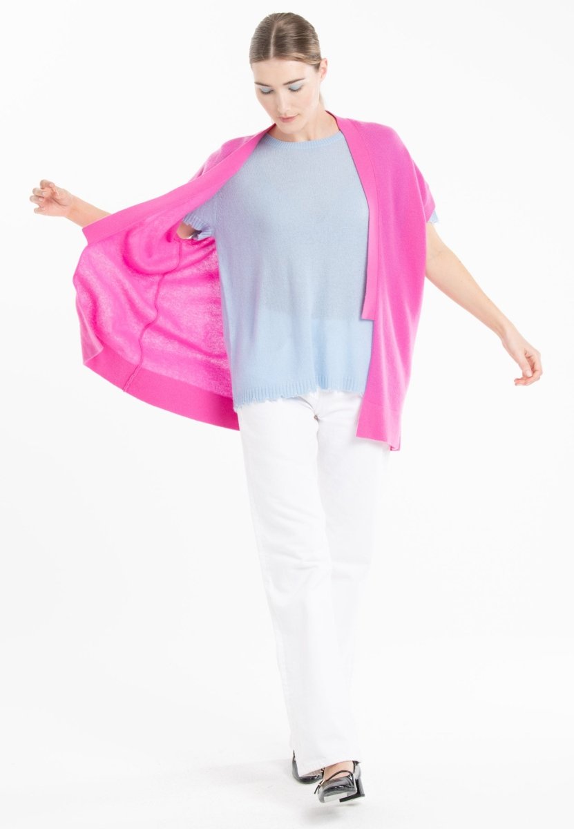 Gilet kimono manches courtes en cachemire rose barbie - RIA 4-3