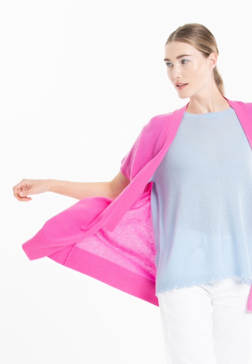 Gilet kimono manches courtes en cachemire rose barbie - RIA 4-4
