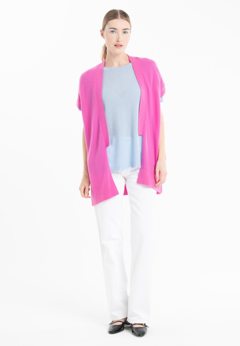 Gilet kimono manches courtes en cachemire rose barbie - RIA 4-2