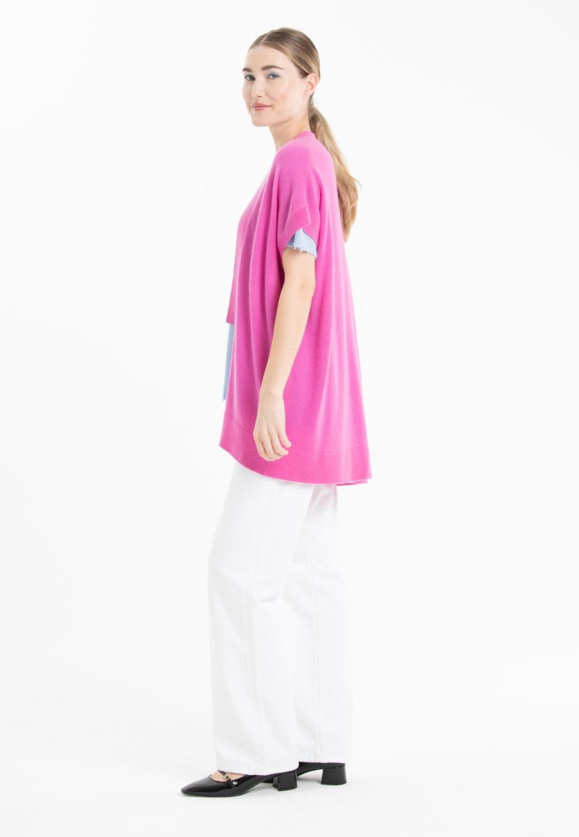 Gilet kimono manches courtes en cachemire rose barbie - RIA 4-1
