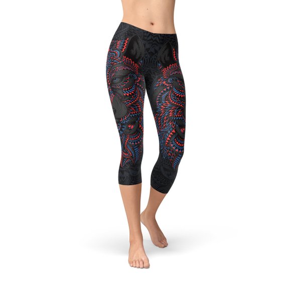 Leggings Capri pour femmes, motif loup noir oriental