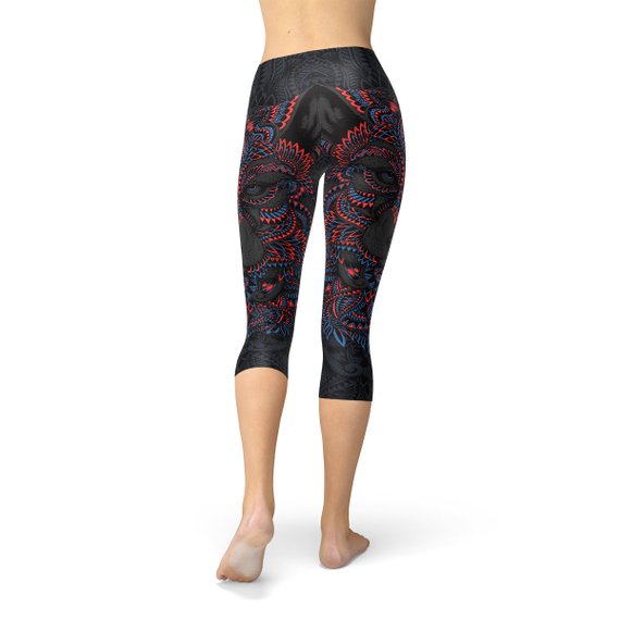 Leggings Capri pour femmes, motif loup noir oriental