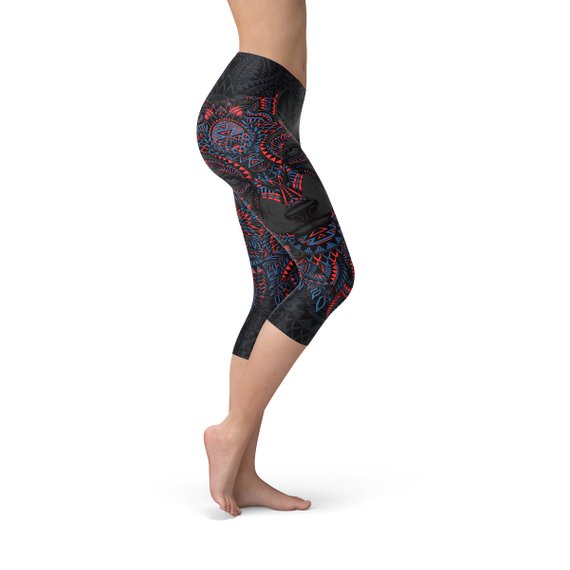 Leggings Capri pour femmes, motif loup noir oriental