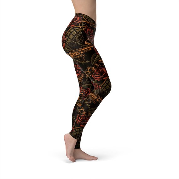 Retro Rose Sculpting Leggings - Rock Print - S to XXL