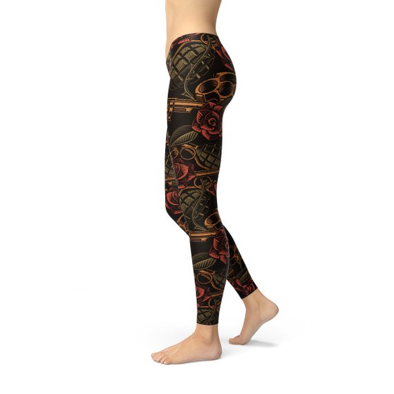 Retro Rose Sculpting Leggings - Rock Print - S to XXL