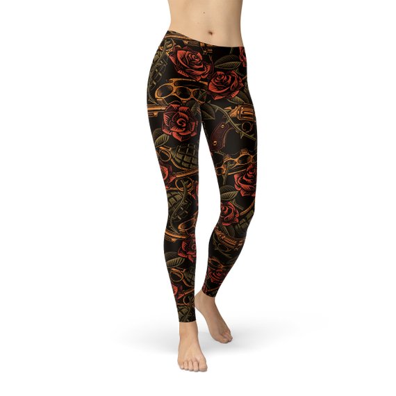 Retro Rose Sculpting Leggings - Rock Print - S to XXL