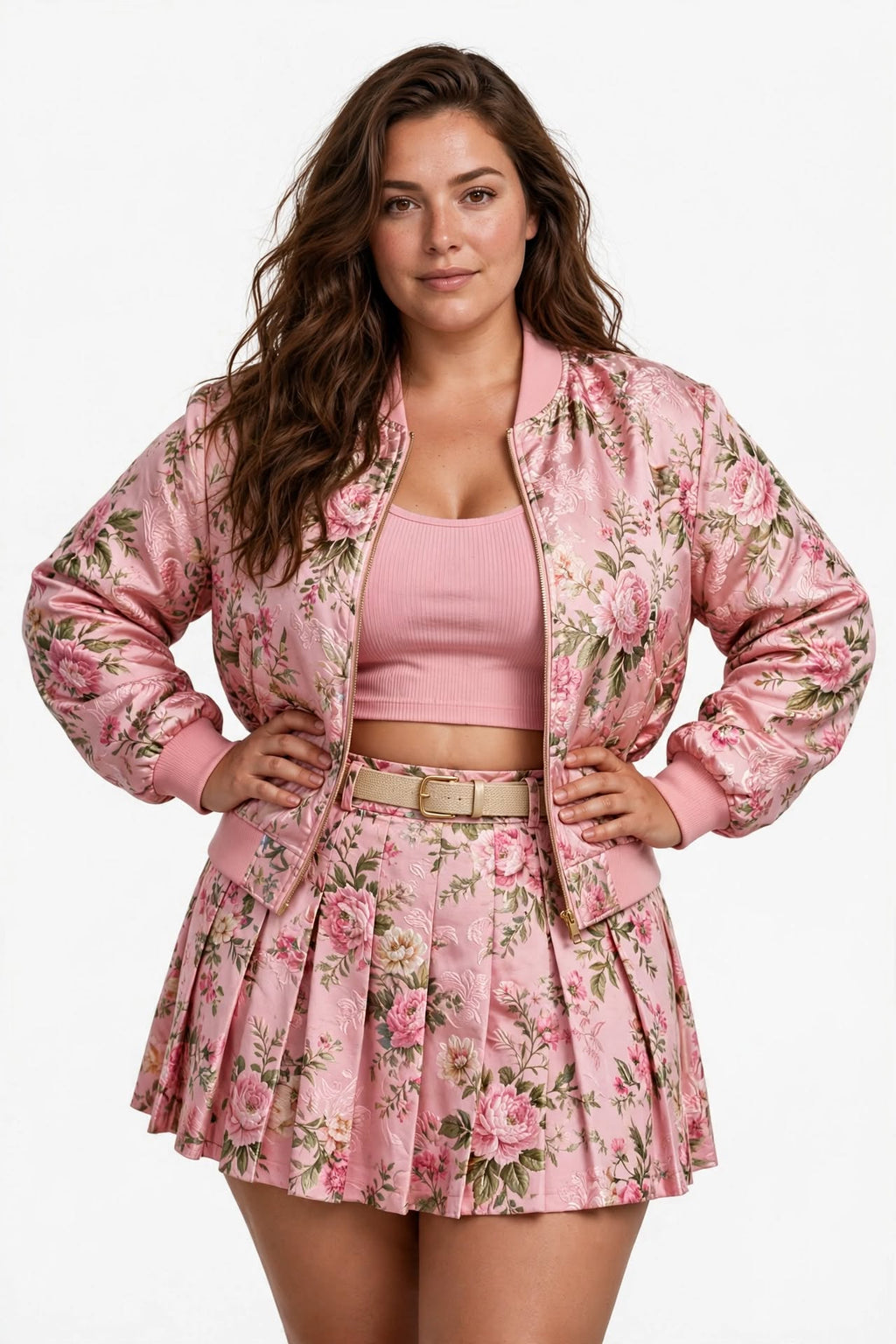 Ensemble Jacquard Fleuri Rose - Bombers + Jupe Plissée