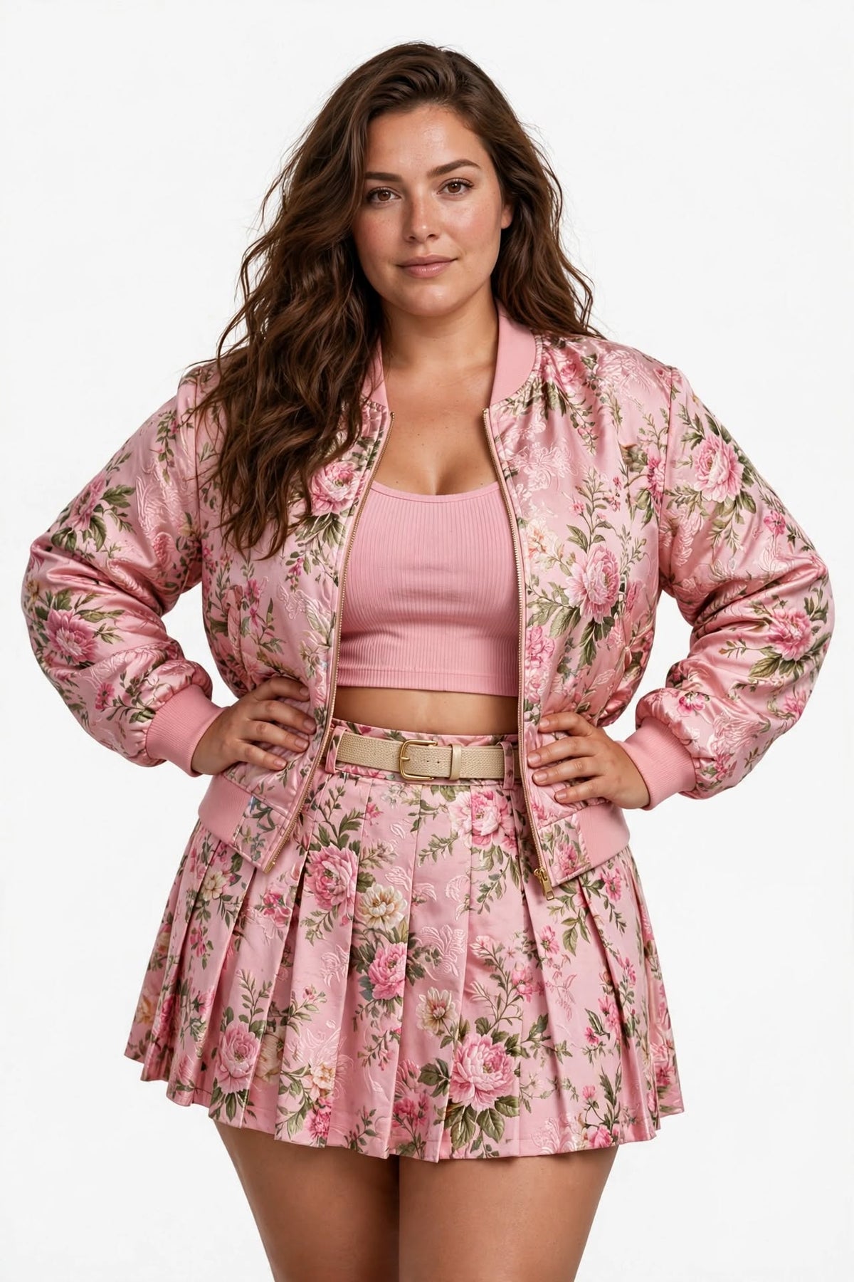 Ensemble Jacquard Fleuri Rose - Bombers + Jupe Plissée