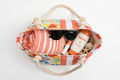FLOWER Beach Bag - Coral Flowers & Stripes Beach Bag - XXL Rope Handles