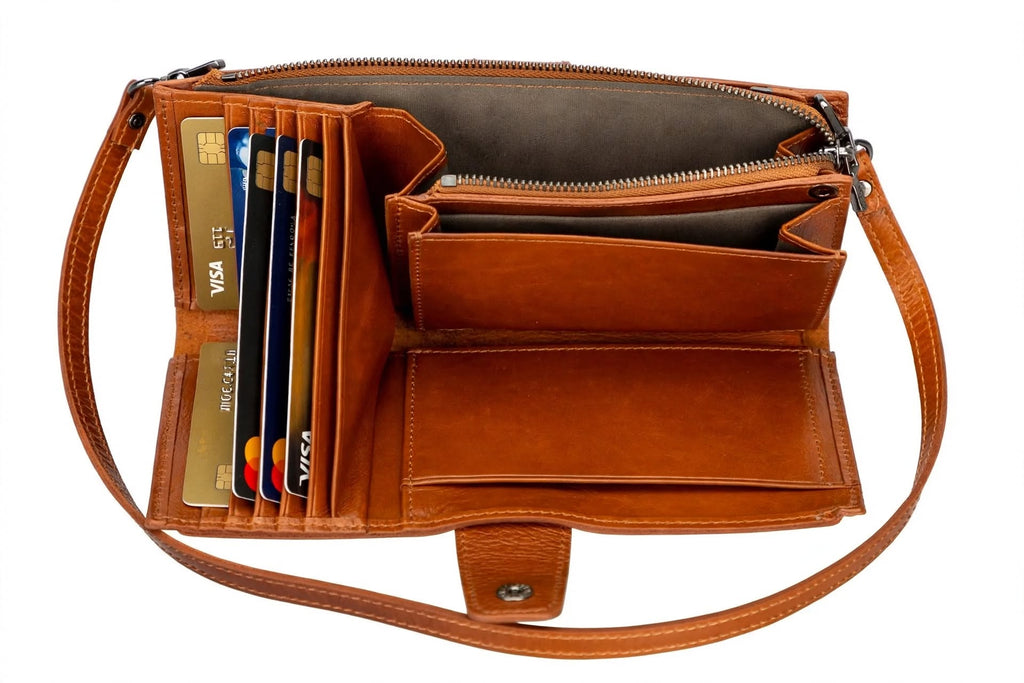 KAYCEE - Portefeuille Téléphone Cuir Véritable Cognac - Bandoulière Amovible