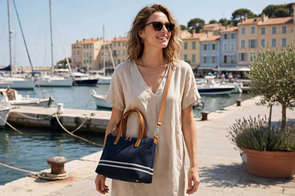 RIVIERA – Mini-Tote Canvas Navy & Leder Cognac – Umwandelbare Umhängetasche
