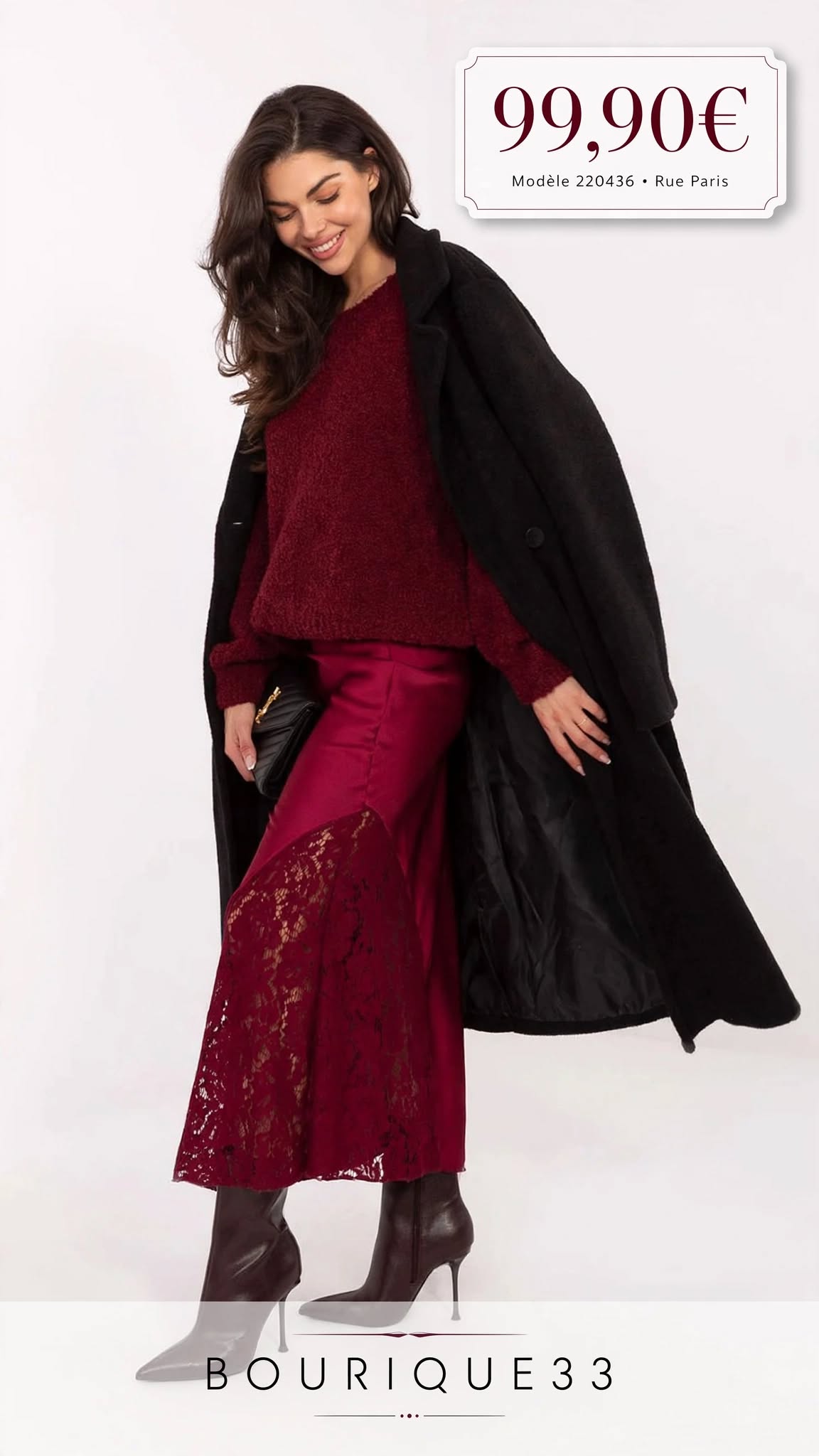 Jupe Midi Satinée Dentelle Asymétrique Bordeaux - 220436 Rue Paris