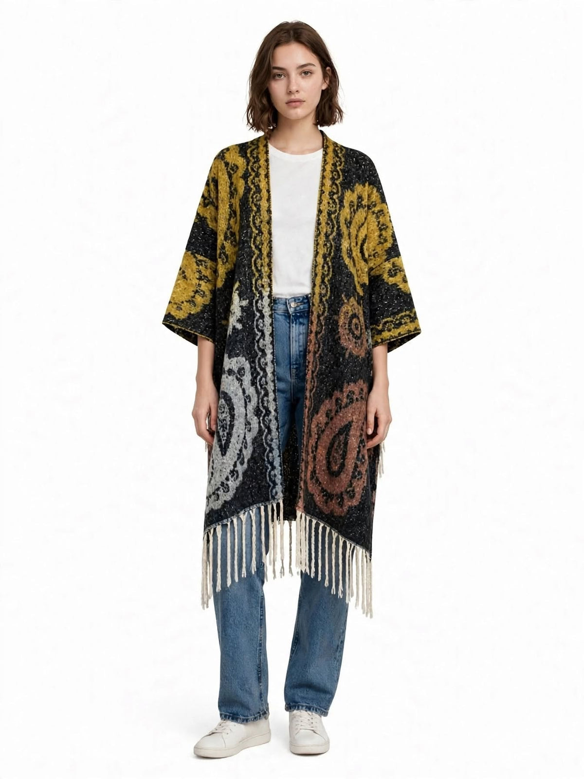 CARLA - Kimono long paisley bohème chic à franges