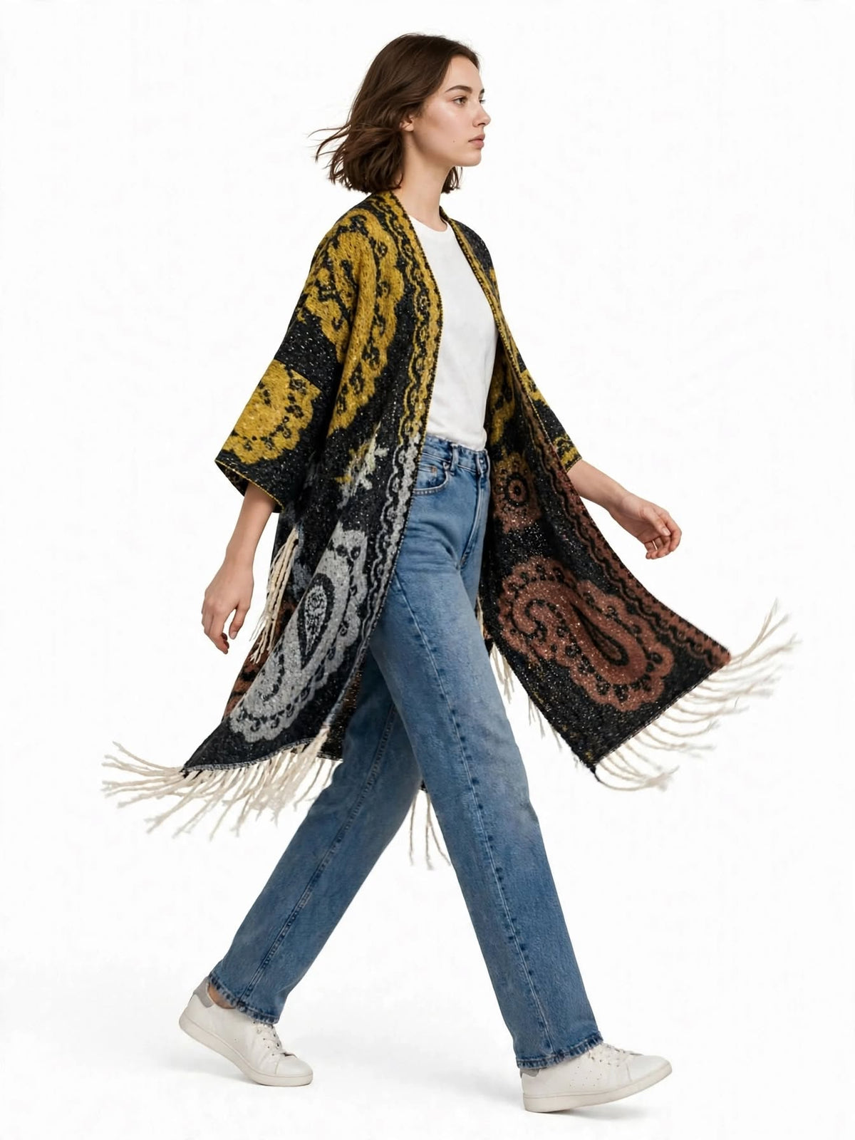 CARLA - Kimono long paisley bohème chic à franges