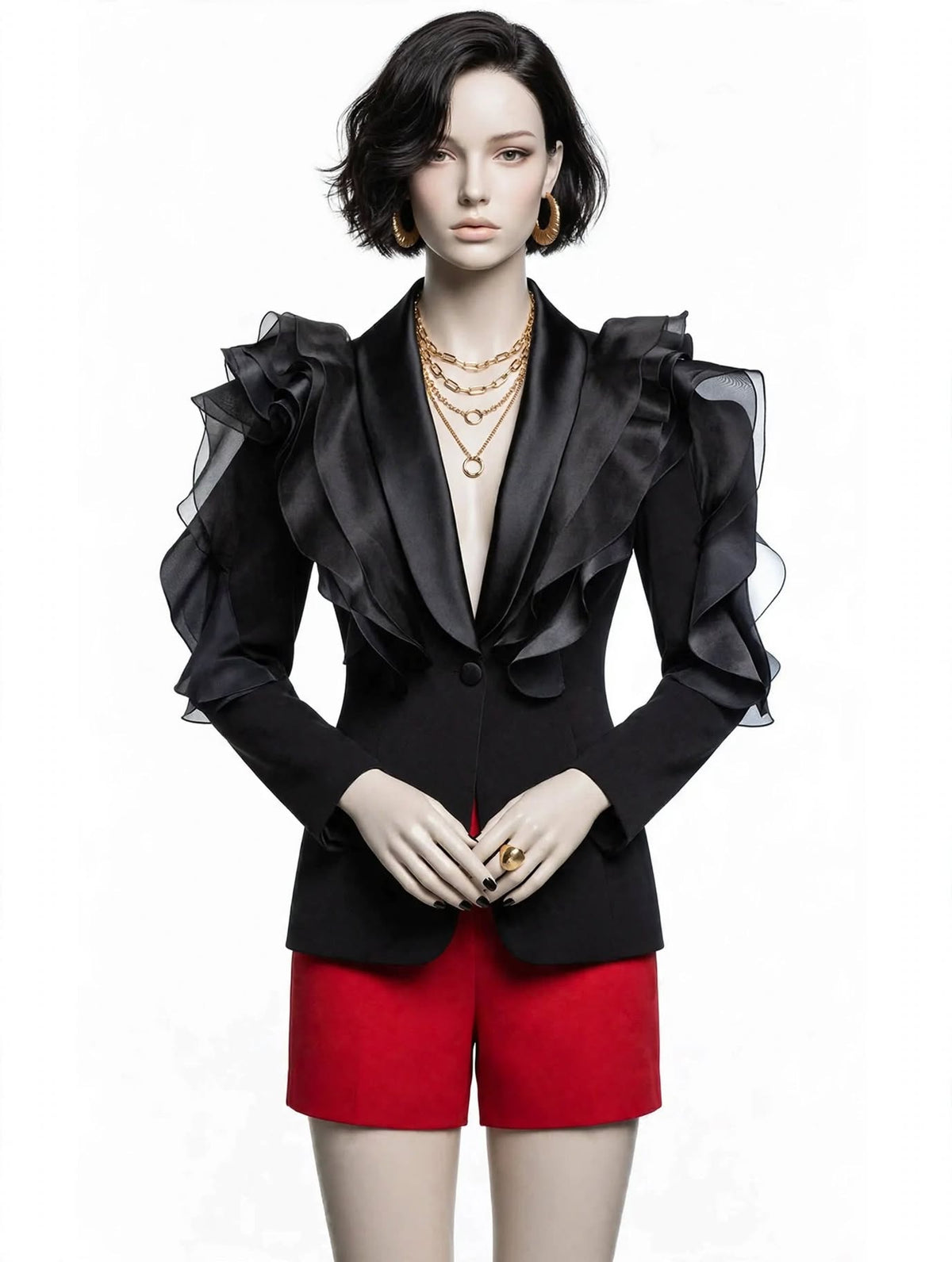 AUDACIOUS - Blazer noir satin à volants organza - Collection Premium