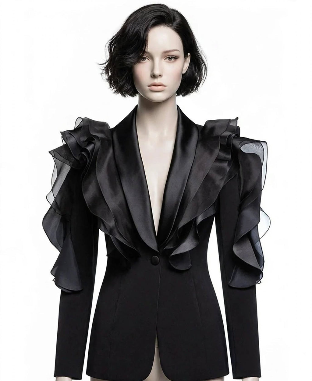 AUDACIOUS - Blazer noir satin à volants organza - Collection Premium