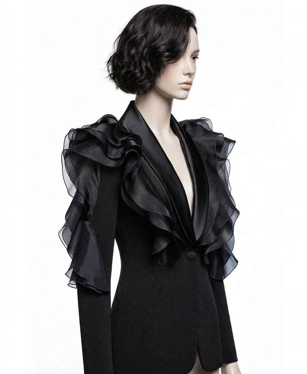 AUDACIOUS - Blazer noir satin à volants organza - Collection Premium