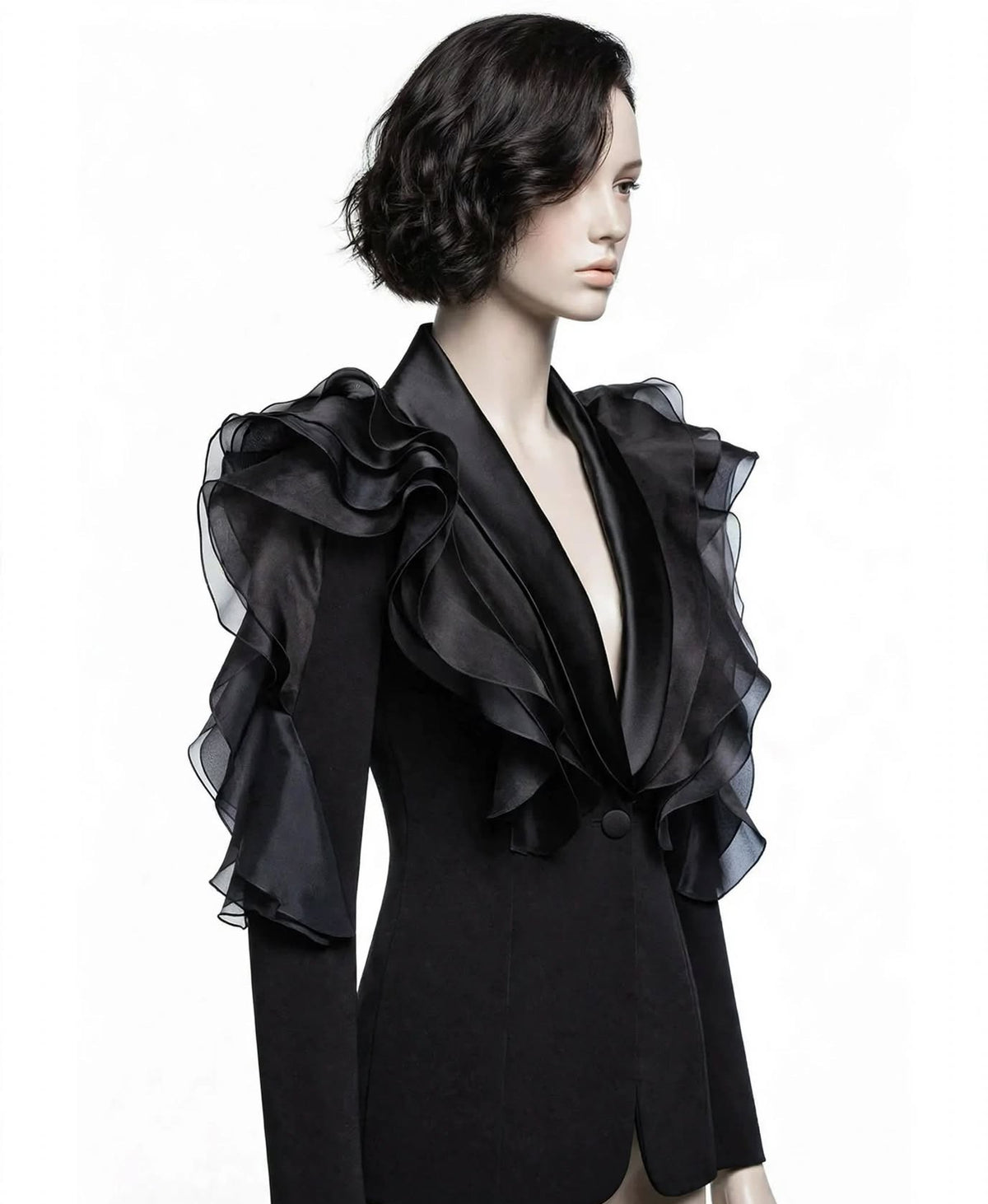 AUDACIOUS - Blazer noir satin à volants organza - Collection Premium