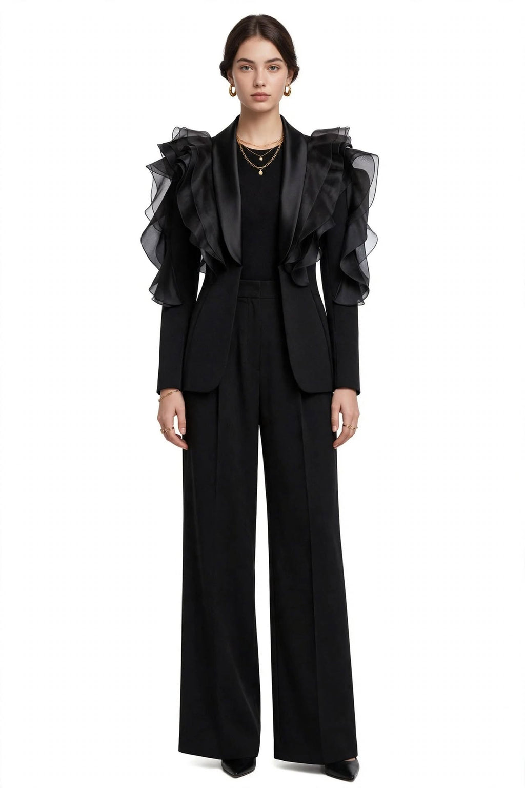 AUDACIOUS - Blazer noir satin à volants organza - Collection Premium