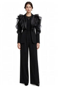 AUDACIOUS - Blazer noir satin à volants organza - Collection Premium