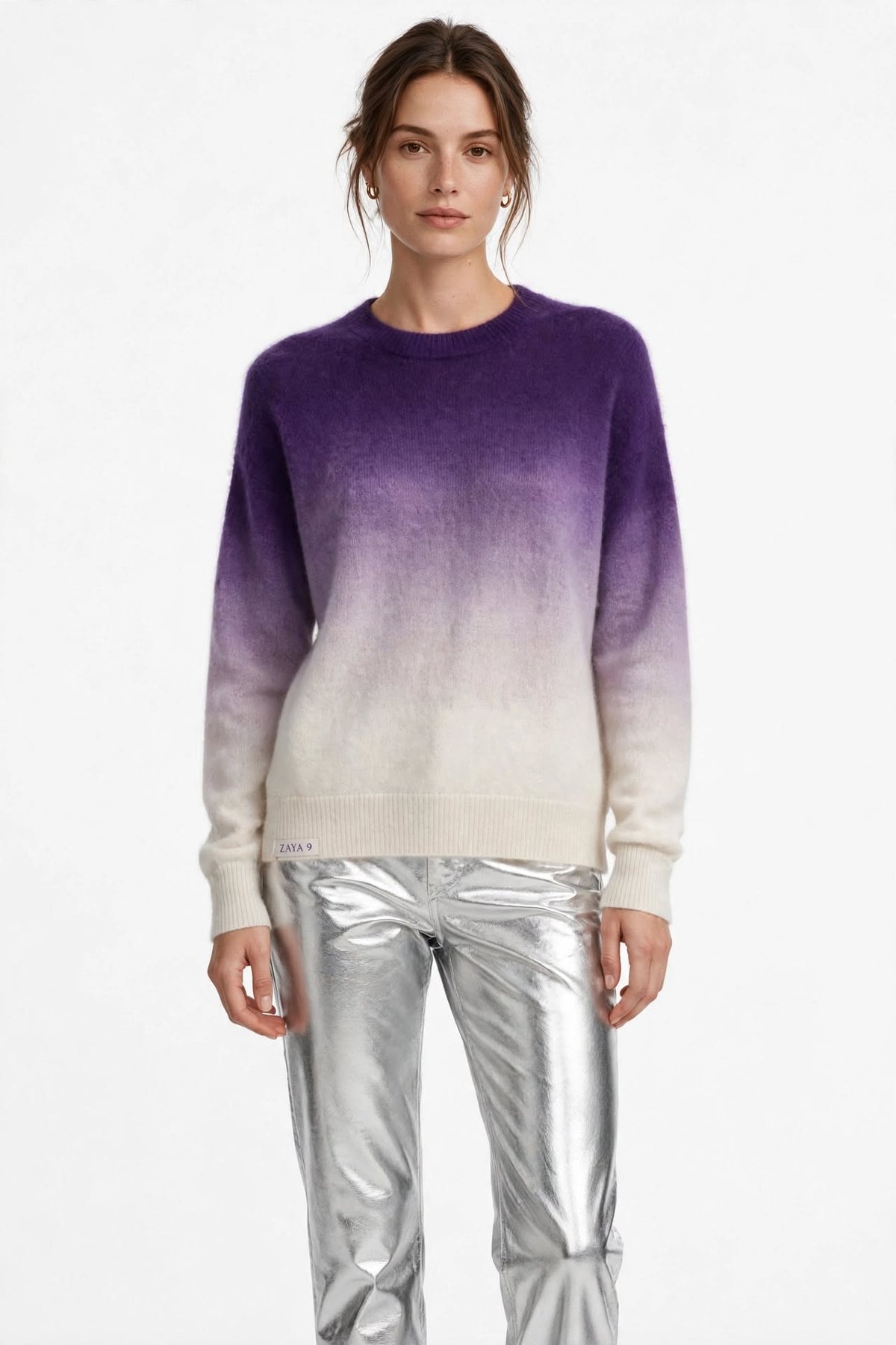 Pull col rond femme en cachemire camel tie & dye blanc écru & violet - ZAYA 9