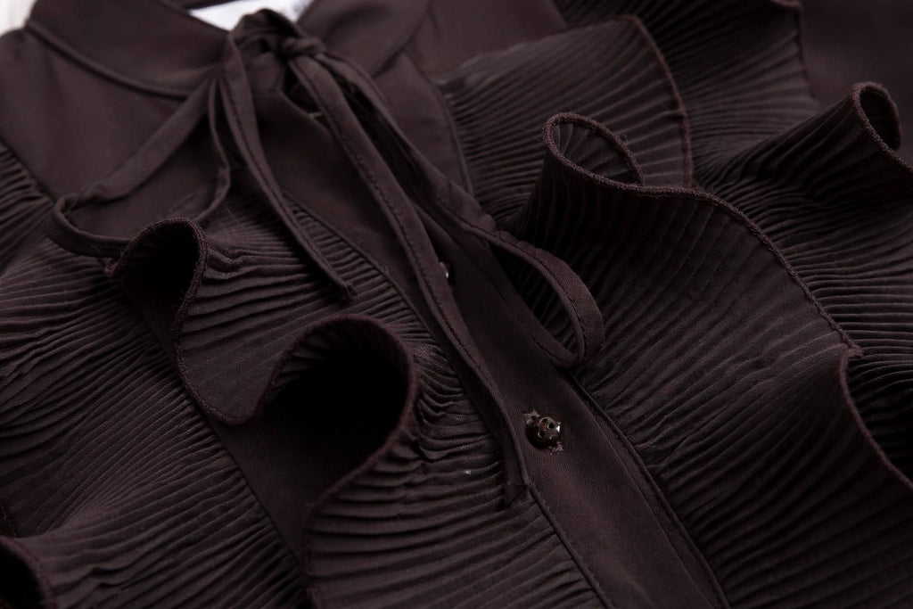Chemisier à manches longues pour femme, modèle 222121, élégant, avec jabot plissé, marron